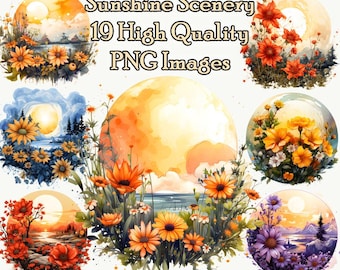 Sunshine Scenery Clipart, Floral Watercolor PNG Clip Art, Nature, Flowers, Sun, Junk Journal, Transparent Background, Instant Download