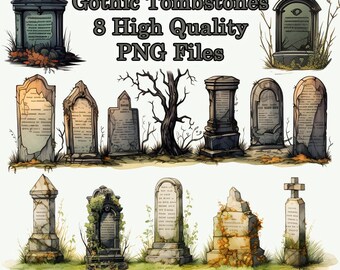 Gothic Tombstones Clipart, Illustrative PNG Clip Art, 100+ Gravestones, Cemetery, Commercial Use, Transparent Background, Instant Download