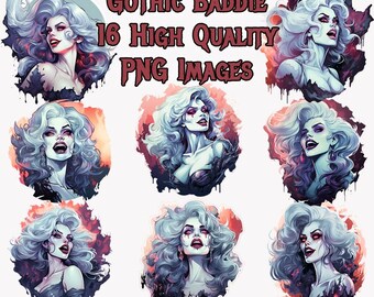 Gothic Baddie Clipart, Fantasy Horror PNG Clip Art, Vampire, Goth Woman, Halloween, Junk Journal, Transparent Background, Instant Download