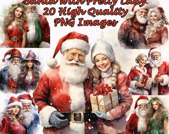 Santa Claus and Pretty Lady Clipart, Holiday Watercolor PNG Clip Art, Christmas Card, Scrapbooking, Transparent Background, Instant Download