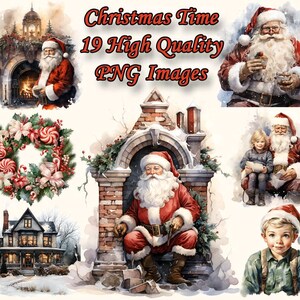 Kersttijd clipart, vakantie aquarel PNG-illustraties, kerstman, krans, winterhuis, kaart, transparante achtergrond, Instant Download