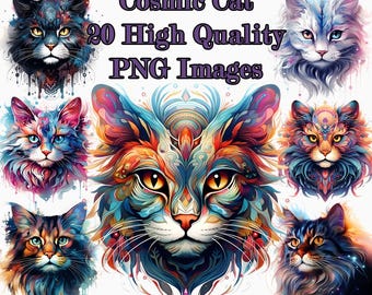 Cosmic Cat Clipart, Fantasy Animal Watercolor PNG Clip Art, Colorful Kitten, Junk Journal, Transparent Background, Instant Download