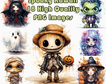 Spooky Kawaii Clipart, Cute Halloween Watercolor PNG Clip Art, Witch, Frankenstein, Ghost, Horror, Transparent Background, Instant Download