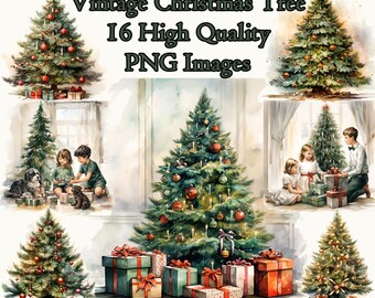 Vintage Christmas Tree Clipart, Classic Holiday Watercolor PNG Clip Art, Retro Xmas, Scrapbooking, Transparent Background, Instant Download