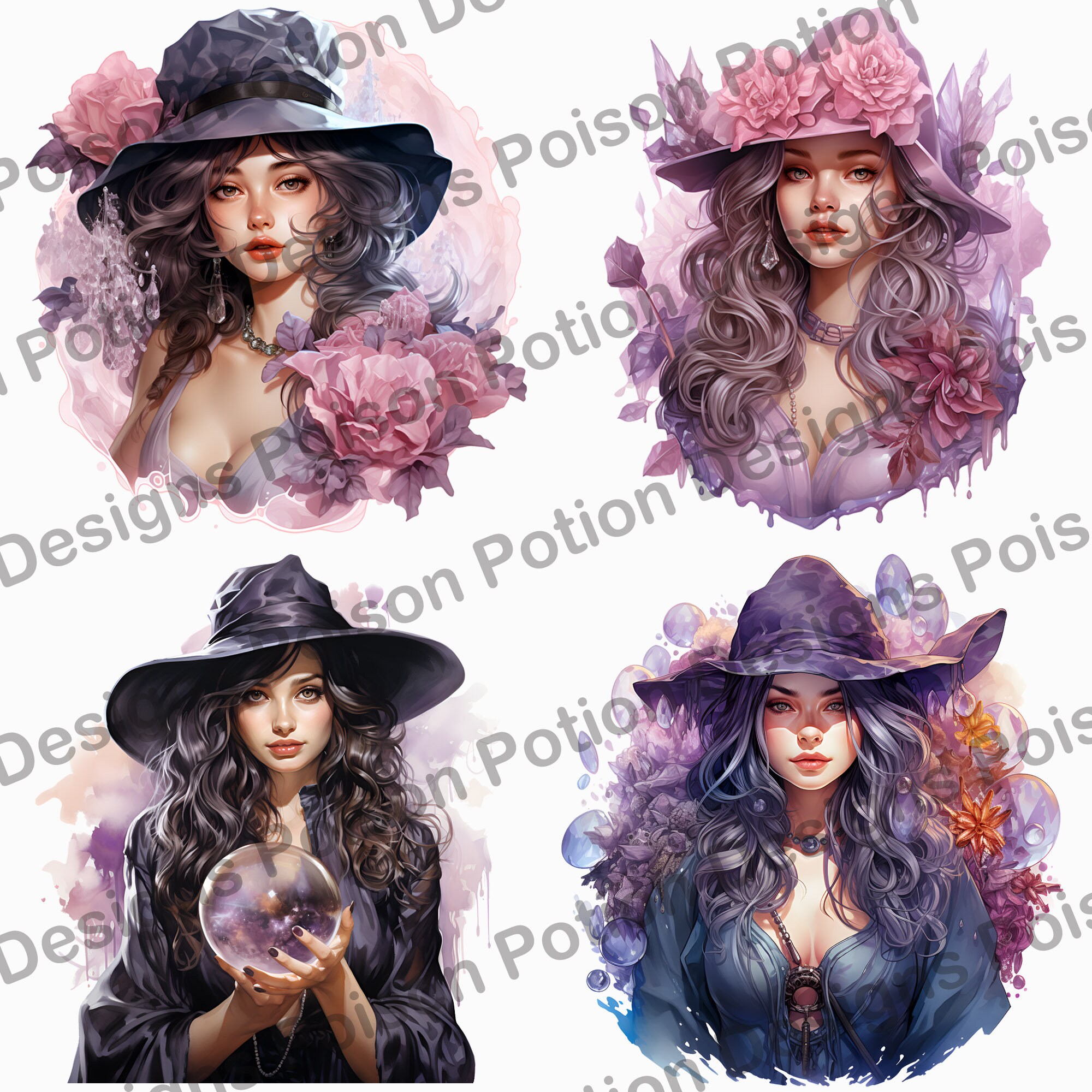 Crystal Witch Clipart, Witchy Watercolor PNG Clip Art, Cauldron, Spell ...