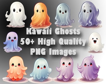 Colorful Kawaii Ghost Clipart, Cute Halloween PNG Clip Art, 50+ Images, Commercial Use, Spooky, Transparent Background, Instant Download