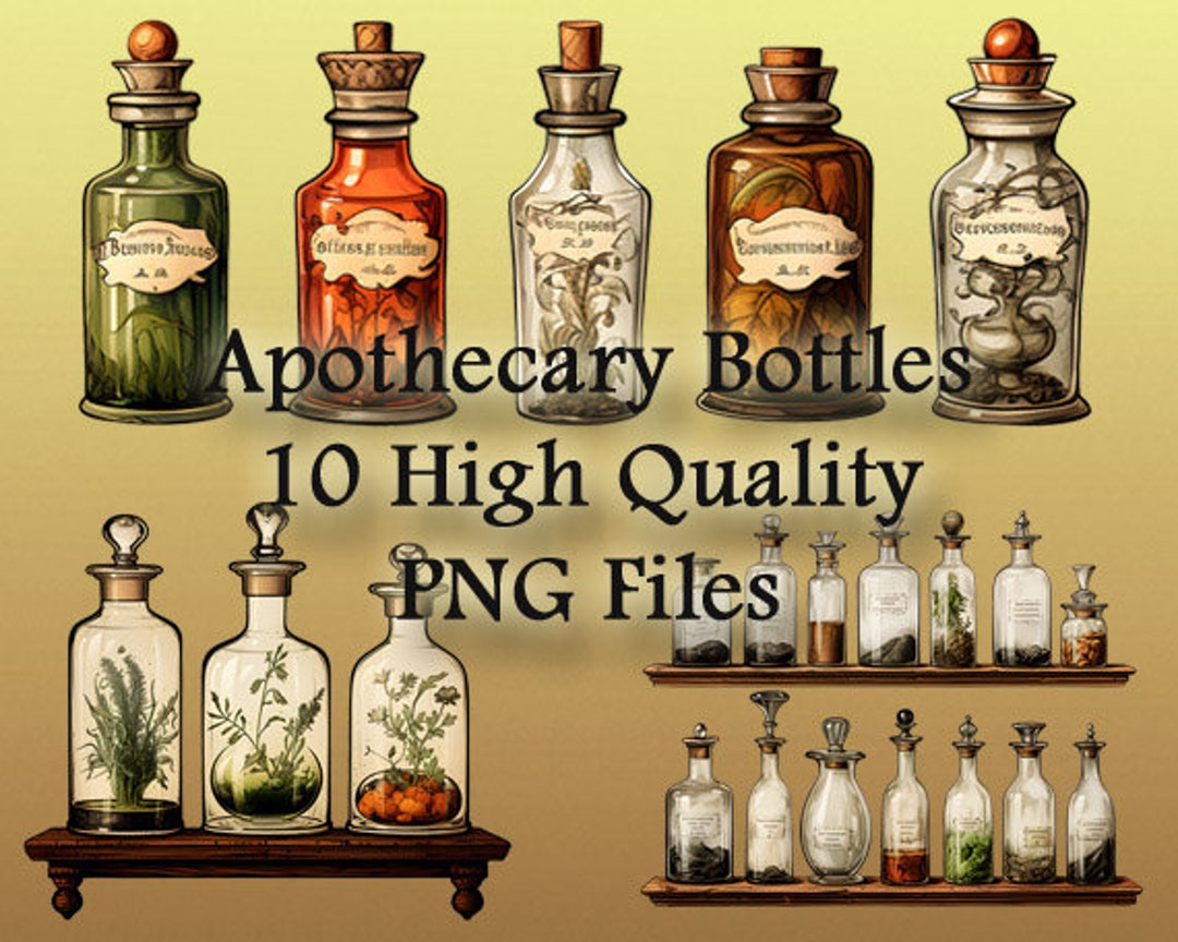 Vintage Apothecary Bottle Clipart, Bottles and Shelves Watercolor PNG