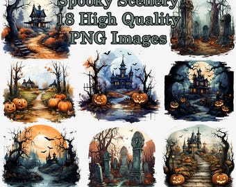 Fall Spooky Scenery Clipart, Goth Halloween Watercolor PNG Clip Art, Haunted House, Cemetery, Transparent Background, Instant Download
