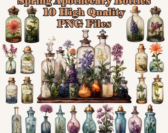 Spring Apothecary Bottle Clipart, Watercolor PNG Clip Art, 90+ Bottles, Shelves, Commercial Use, Transparent Background, Instant Downloads