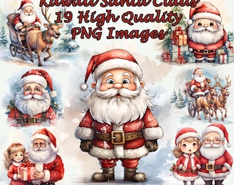 Kawaii Santa Claus Clipart, Christmas Watercolor PNG Clip Art, Reindeer, Mrs Claus, Presents, Tree, Transparent Background, Instant Download