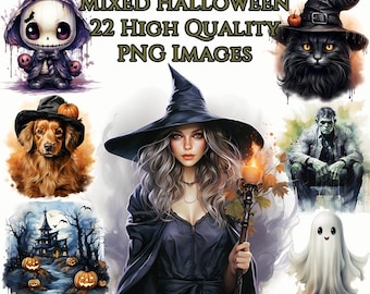 Mixed Halloween Clipart, Spooky Watercolor PNG Clip Art, Witch, Animals, Monsters, Haunted House Transparent Background, Instant Download