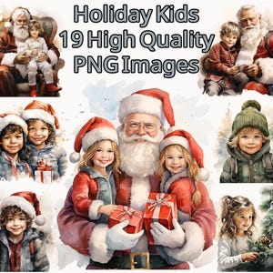 Holiday Kids Clipart, Vintage Christmas Watercolor PNG Clip Art, Santa Claus, Winter Cute Children, Transparent Background, Instant Download