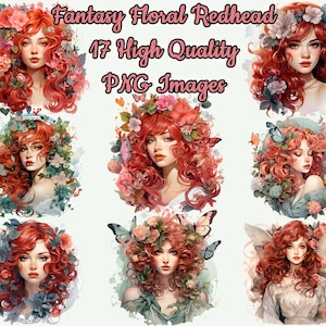 Mooie bloemen roodharige vrouw clipart, Fantasy aquarel PNG-illustraties, bloemen, vlinders, transparante achtergrond, Instant Download