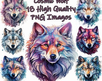 Cosmic Wolf Clipart, Colorful Fantasy Watercolor PNG Clip Art, Animal, Junk Journal, Scrapbooking, Transparent Background, Instant Download