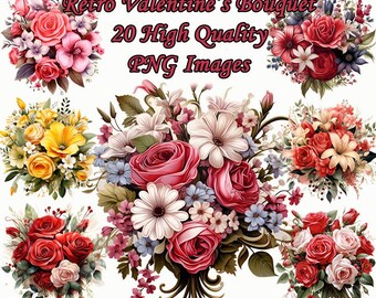 Retro Valentine's Day Bouquet Clipart, Victorian Watercolor PNG Clip Art, Flowers, Commercial Use, Transparent Background, Instant Download