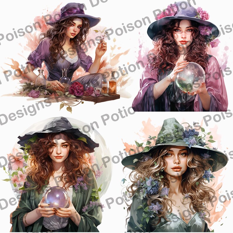 Pretty Spring Witch Clipart, Magic Fantasy Watercolor PNG Clip Art ...