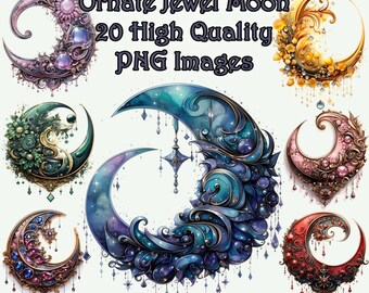 Ornate Jewel Crescent Moon Clipart, Fantasy Celestial Watercolor PNG Clip Art, Scrapbooking, Transparent Background, Instant Download