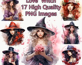 Love Witch Clipart, Magical Witchy Watercolor PNG Clip Art, Valentine's Day, Magic Potions, Roses, Transparent Background, Instant Download