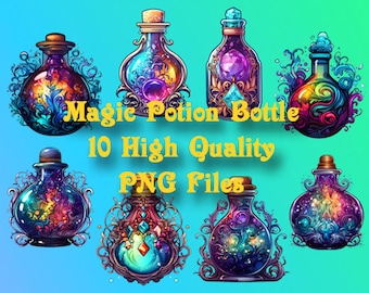 Colorful Magic Potion Bottle Clipart, Magical Fantasy PNG Clip Art, Witch, Wizard Scrapbooking, Transparent Background, Instant Download