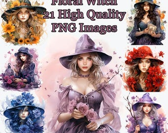 Floral Witch Clipart, Fantasy Witchy Watercolor PNG Clip Art, Flowers, Spring, Magic, Scrapbooking, Transparent Background, Instant Download