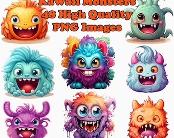 Kawaii Colorful Monster Clipart, Cute Chibi Watercolor PNG Clip Art, Scrapbooking, Junk Journal, Transparent Background, Instant Download