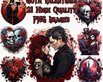 Goth Valentines Clipart, Gothic Fantasy PNG Clip Art, Valentine's Day, Love, Skull, Heart, Flowers, Transparent Background, Instant Download