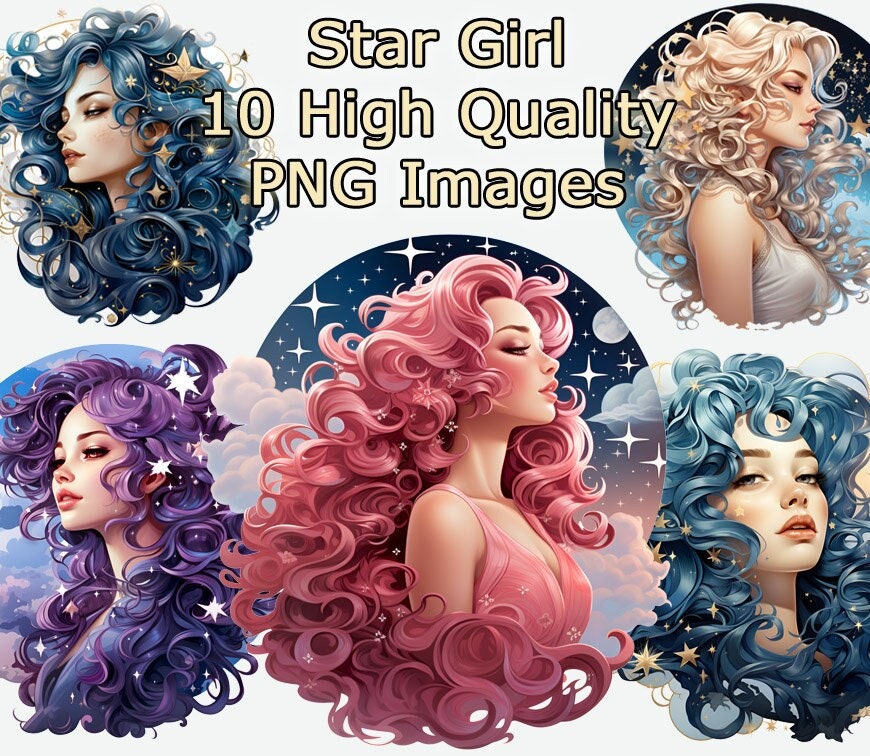 Pretty Star Girl Clipart, Fantasy Celestial Watercolor Clip Art, Junk ...