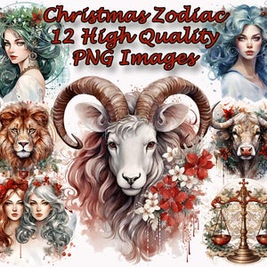 Kerst dierenriem clipart, astrologie illustratieve PNG-illustraties, Ram, Tweelingen, Weegschaal, ongewenste dagboek, transparante achtergrond, Instant Download