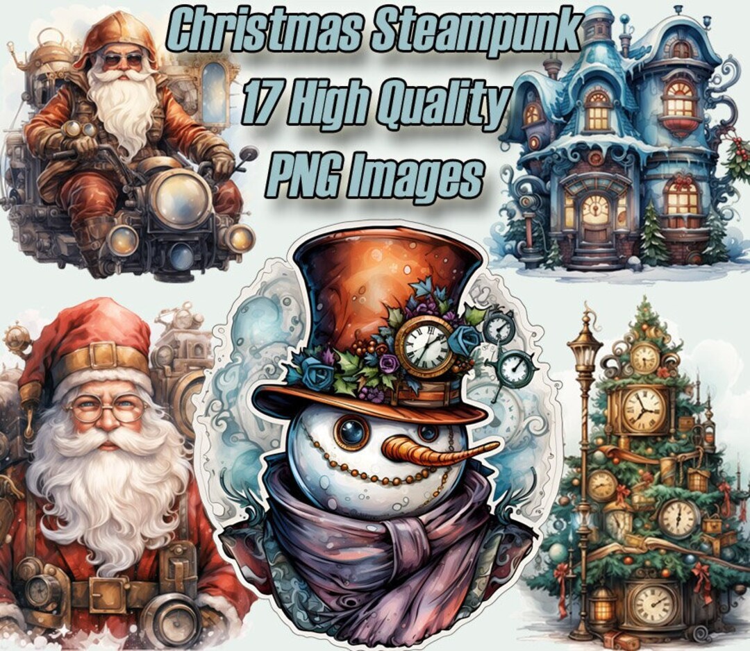 Christmas Steampunk Clipart, Holiday Watercolor PNG Clip Art, Santa ...