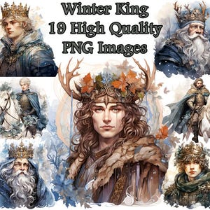 Winter King Clipart, Fantasy Watercolor PNG Clip Art, Royalty, Handsome Prince, Horse, Wise King, Transparent Background, Instant Download