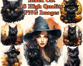 Black Cat Clipart, Goth Halloween Watercolour PNG Clip Art, Kitten, Witch, Spooky, Junk Journal, Transparent Background, Instant Download