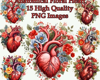 Anatomical Floral Heart Clipart, Vintage Gothic Watercolor PNG Clip Art, Flowers, Junk Journal, Transparent Background, Instant Download