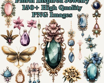Floral Inspired Jewelry Clipart, Victorian Watercolor PNG Clip Art, Flower, Jewels, Commercial Use, Transparent Background, Instant Download