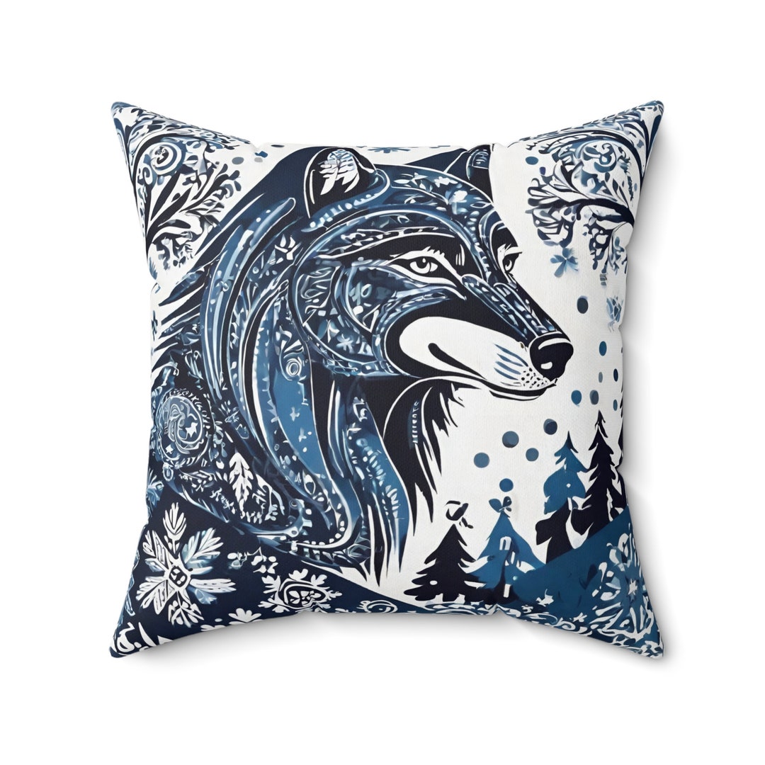 Beautiful Wolf Folk Art Style Spun Polyester Square Pillow Etsy