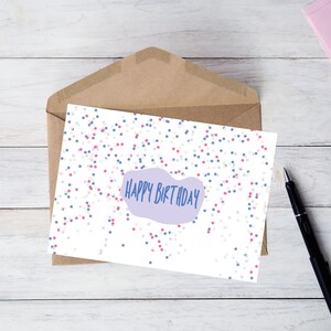 Cartão de aniversário com confete, impressão de cartão de aniversário, cartão de feliz aniversário com confete, cartão de feliz aniversário divertido, cartão básico de feliz aniversário