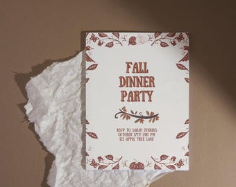 Elegante invitación para cena de otoño con diseño de hojas de calabaza / Invitación imprimible para reunión de otoño / PDF digital rústico de Acción de Gracias