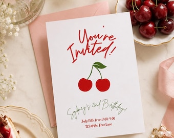 Cherry on Top Birthday Invitation Template | Cherry First Birthday Invite | Editable Canva Coquette Party Invitation | Digital Download
