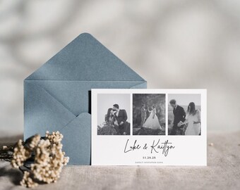 May include: A white wedding invitation with three black and white photos of a couple. The text on the invitation reads "Luke & Kaitlyn 11.24.25 Save the Date".