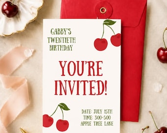 Cherry Birthday Invitation Template | Coquette 21st Birthday Invite | Editable Canva Party Invitation | Digital Download