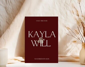 EDITABLE Maroon Wedding Save the Date Template, Digital Invitations for Wedding, Personalized Wedding or Engagement Announcements