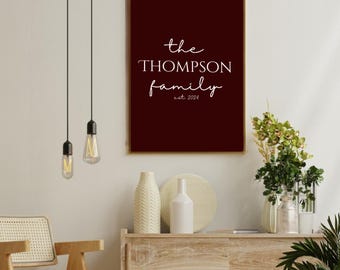 Personalized Family Name Wall Art – Editable Maroon Vertical Print, Modern Minimalist Home Decor, Instant Digital Download