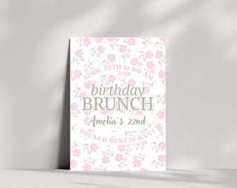 Floral Birthday Party Invitation Template Editable Instant Download for Brunch, DIY Pastel Digital Stationary