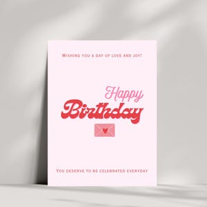 Modèle de carte de joyeux anniversaire coeur rose, voeux d'anniversaire girly, carte d'anniversaire modifiable coquette tendance pour elle