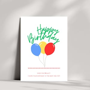 Happy Birthday Balloon Card Template, Basic Digital Download Editable Bday Cards