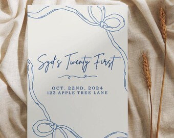 Coquette Bow 21st Birthday Invitation Template | Blue Bow Editable Canva Invite | Girly Printable Party Invitation | Digital Download