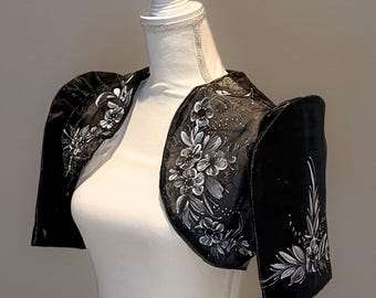 Black with Silver Gray Floral Filipiniana Bolero with Terno Sleeves – Hand Painted Organza, Wedding & Formal Outfit