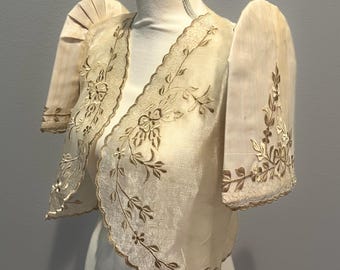 Filipiniana Embroidered Bolero – Beige Organza with Beige/Cream Floral Detail for Weddings & Formal Events