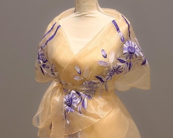 Handpainted Floral Filipiniana Pañuelo / Alampay: Beige/Cream & Purple Sheer Organza Wrap