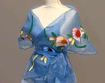 Pañuelo floral filipino pintado a mano / Alampay: Envoltura de organza transparente azul claro
