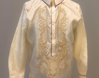 Ivory Barong Tagalog (Filipiniana Barong) - Besticktes Piña Organza-Formhemd, philippinische Hochzeits- und Kleidung für besondere Anlässe